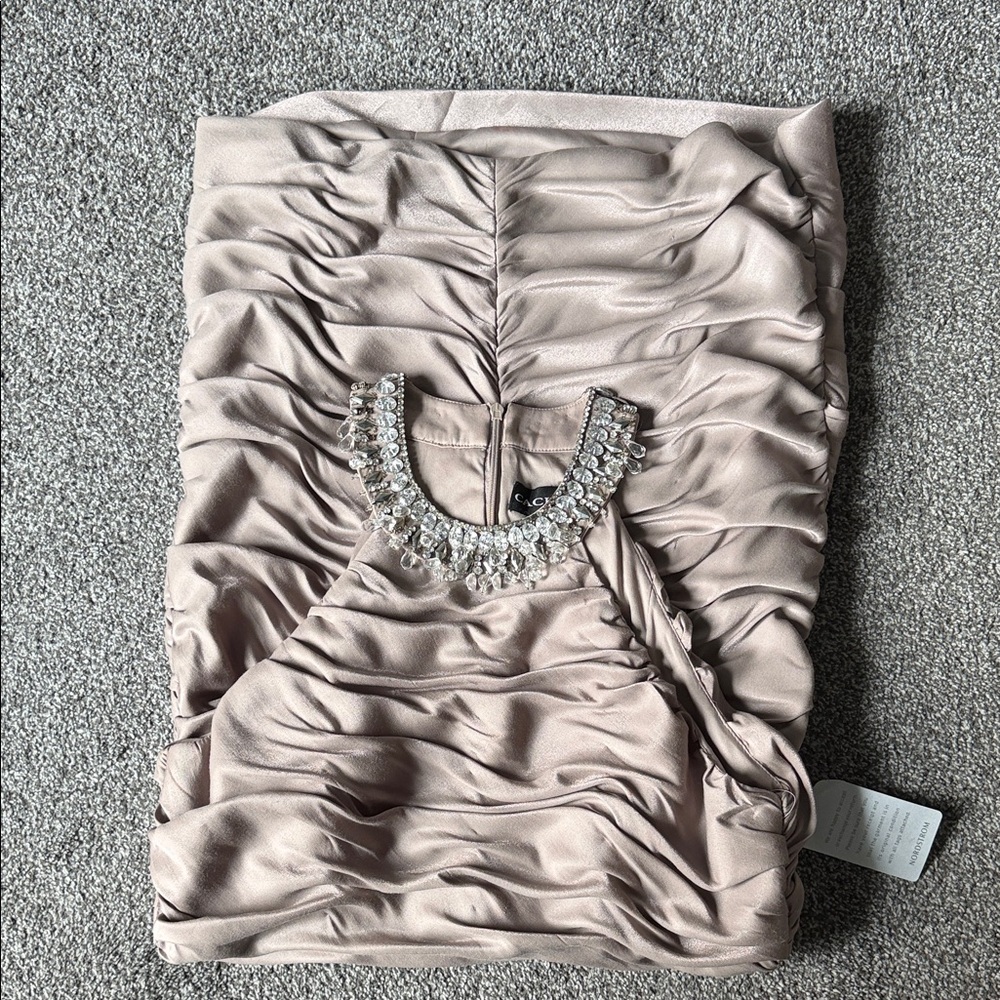 Cachet Taupe Mini Dress with Embellished Neckline - Picture 2 of 6